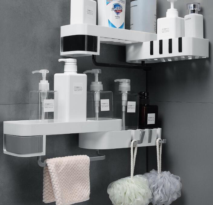 Lurrix Bathroom Corner Shelf – Wall Mounted Storage Rack with Sticky Hooks