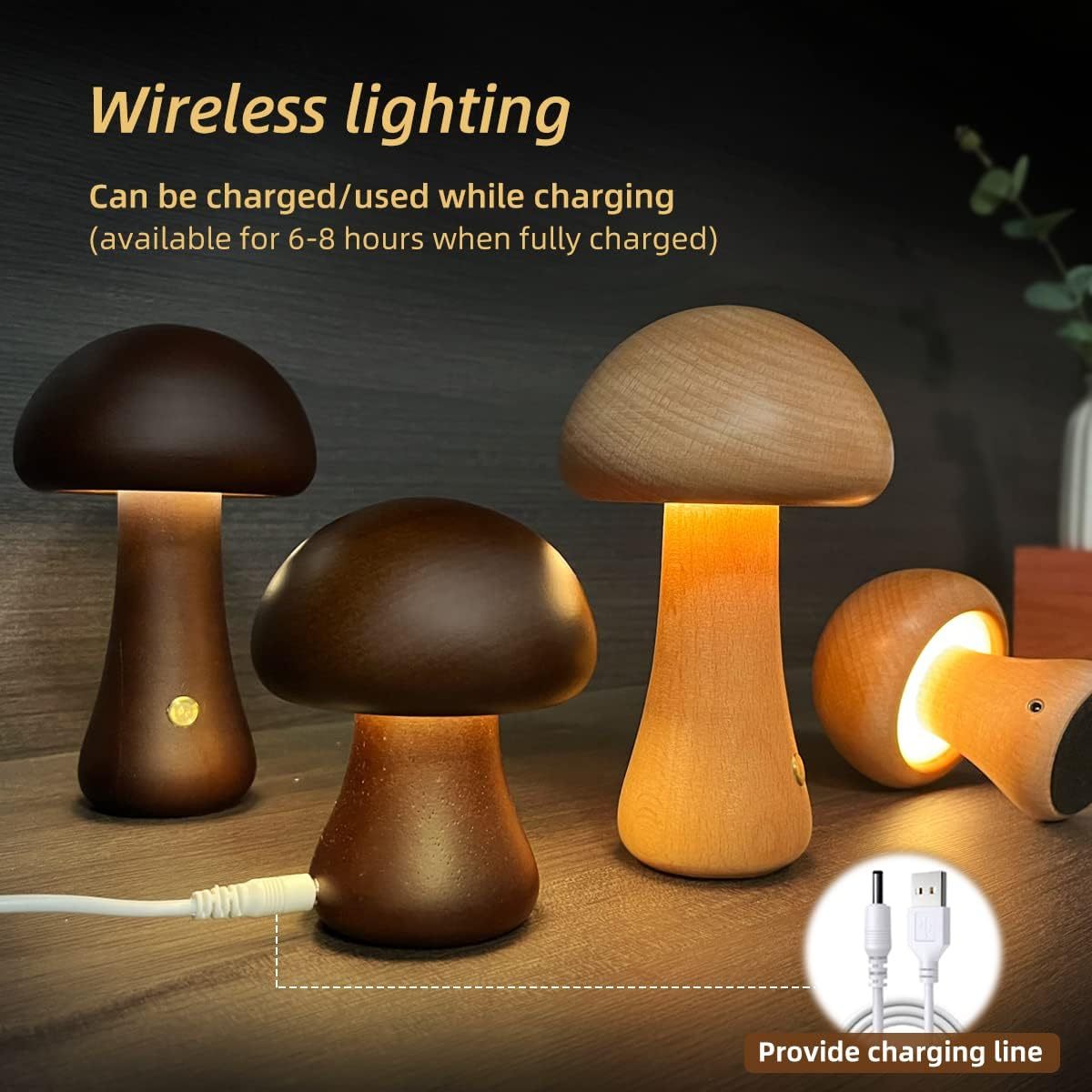 Wooden Mushroom LED Lamp – Touch Bedside Night Light | Lurrix